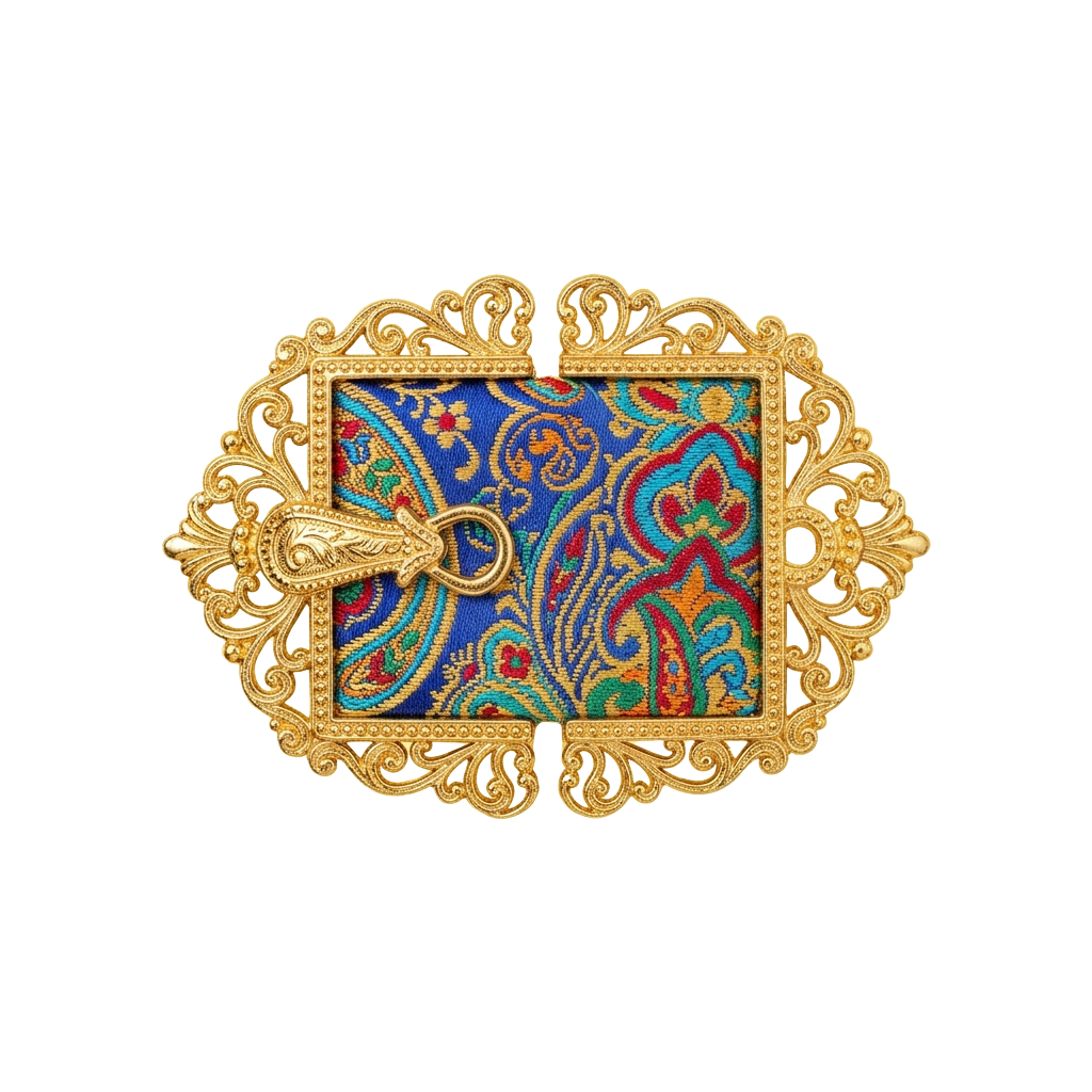 Decorative gold brooch featuring intricate floral patterns on a vibrant blue and colorful enamel background
