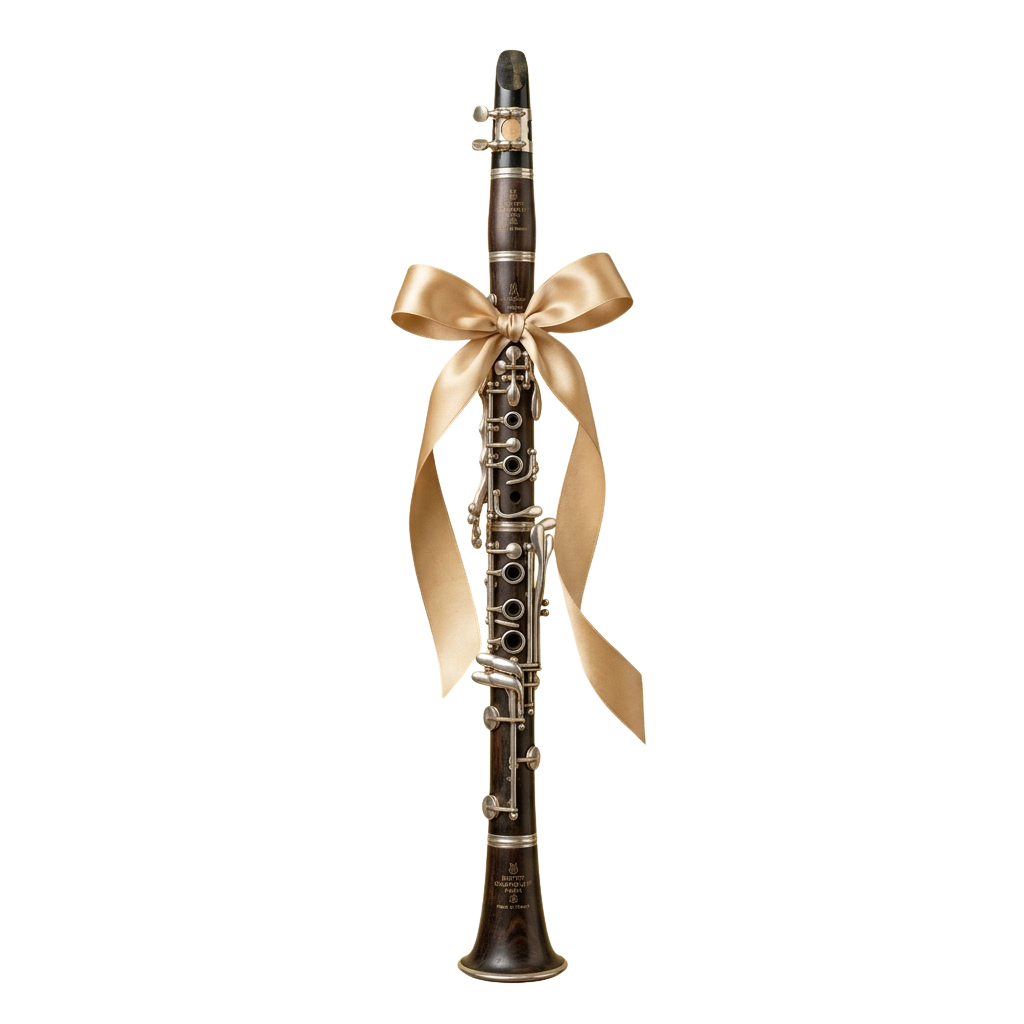 A sleek clarinet instrument adorned with a gold ribbon tied in a decorative bow.