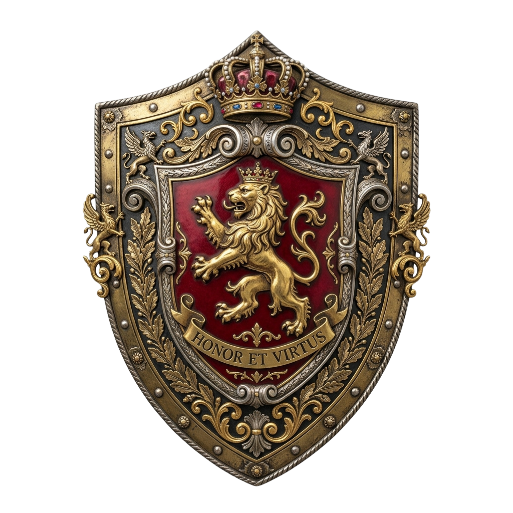 Heraldic shield featuring a golden lion on a red background with ornate gold detailing and crown, motto Honor Et Virtus
