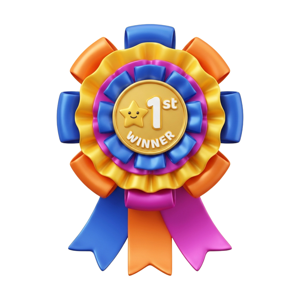 A vibrant 1st place winner ribbon with a gold medal center featuring a smiling star and colorful ribbons in blue, orange, pink, and yellow