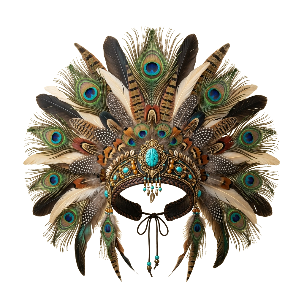 Intricate mask adorned with peacock feathers and turquoise stones, featuring detailed craftsmanship and symmetrical design.