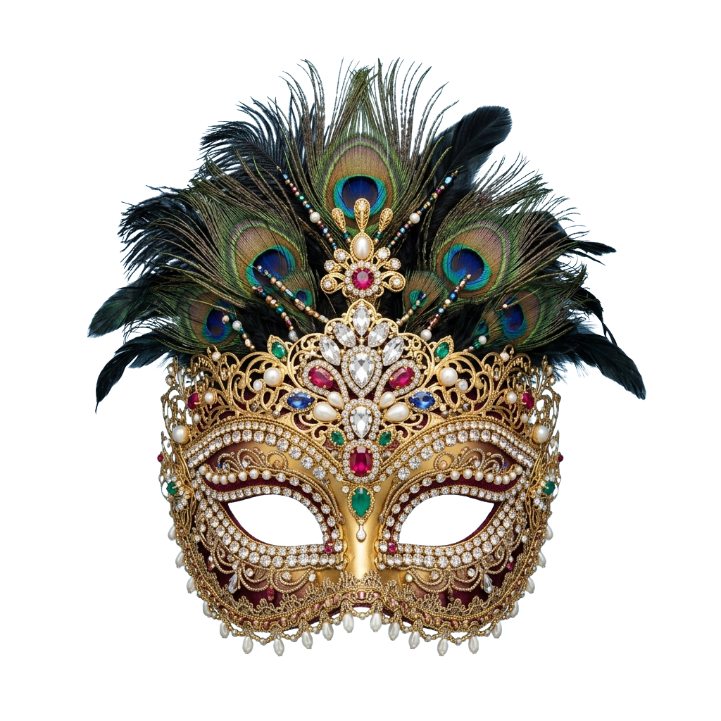 Decorative gold mask adorned with peacock feathers and colorful gemstones, featuring intricate filigree detailing.