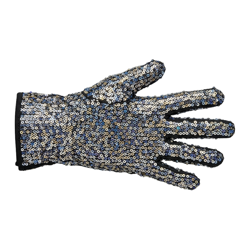 A fingerless glove with a detailed floral pattern in shades of blue, beige, and white.