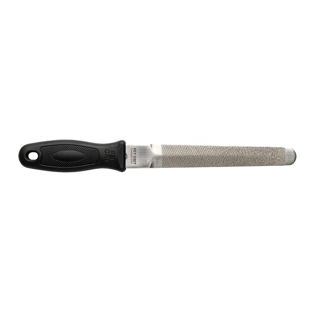Black-handled razor sharpener with a fine-grit sharpening stone attached.