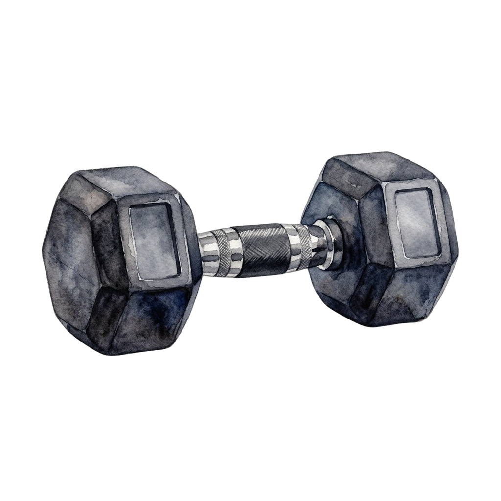 A watercolor-style illustration of a hexagonal dumbbell with a knurled metal shaft and two weight plates