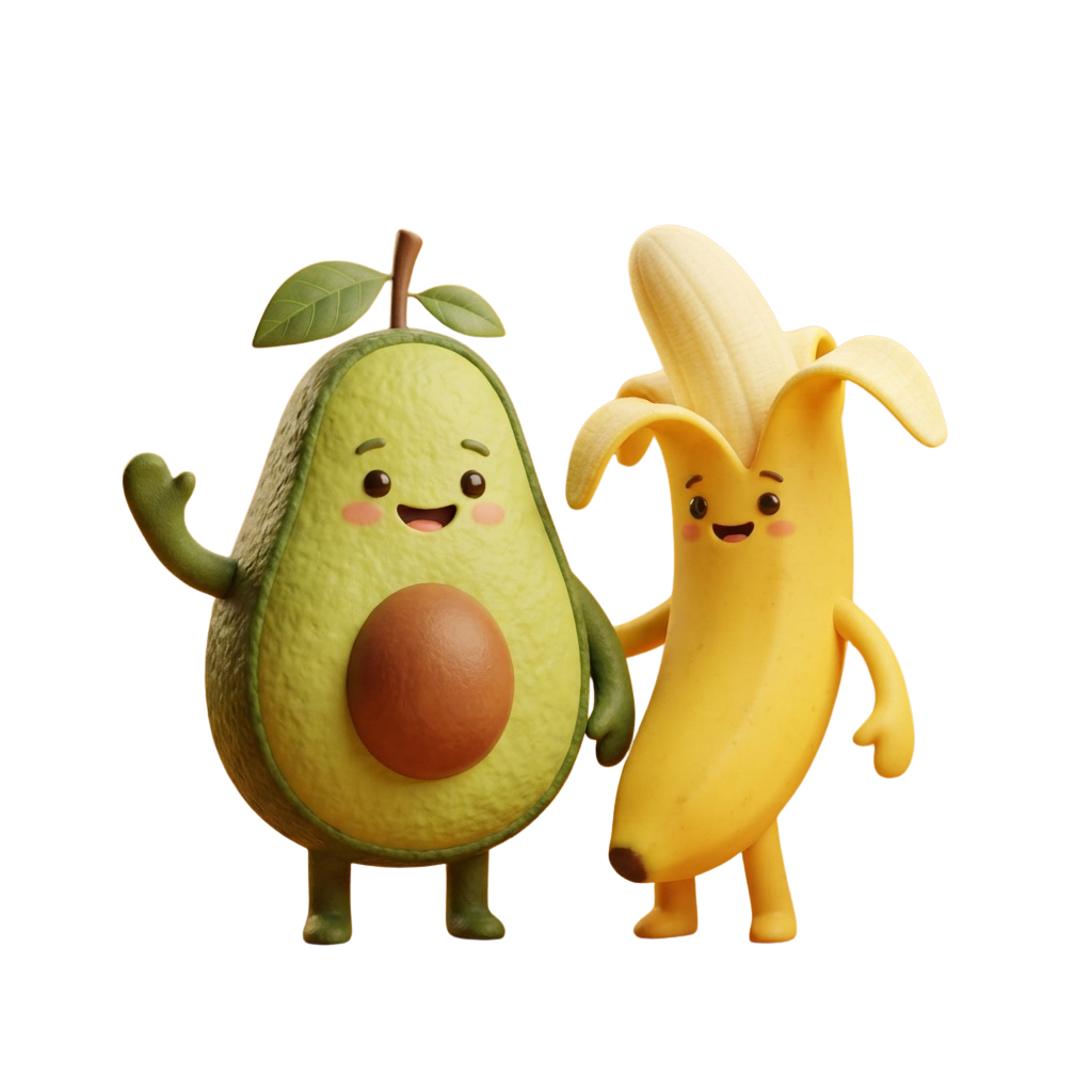 Two animated fruit characters, an avocado and a banana, standing and smiling with arms raised