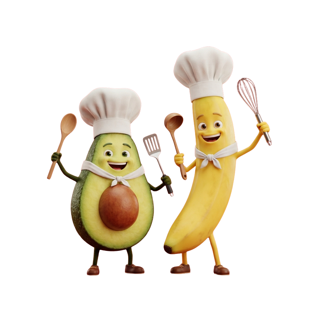 Two smiling cartoon food characters, an avocado and a banana, dressed as chefs holding cooking utensils