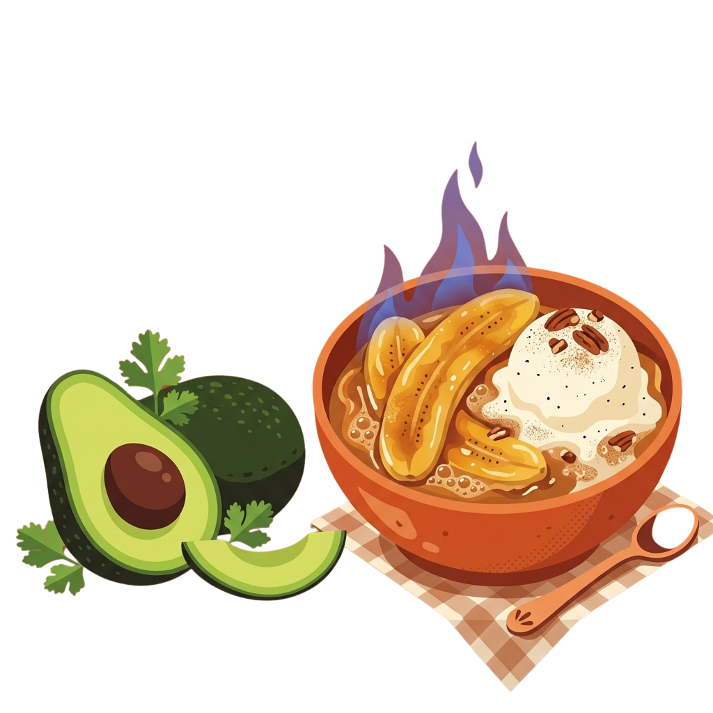 Illustration of a halved avocado, whole avocado, and a steaming bowl of banana oatmeal with pecans and cream, placed on a checkered cloth.