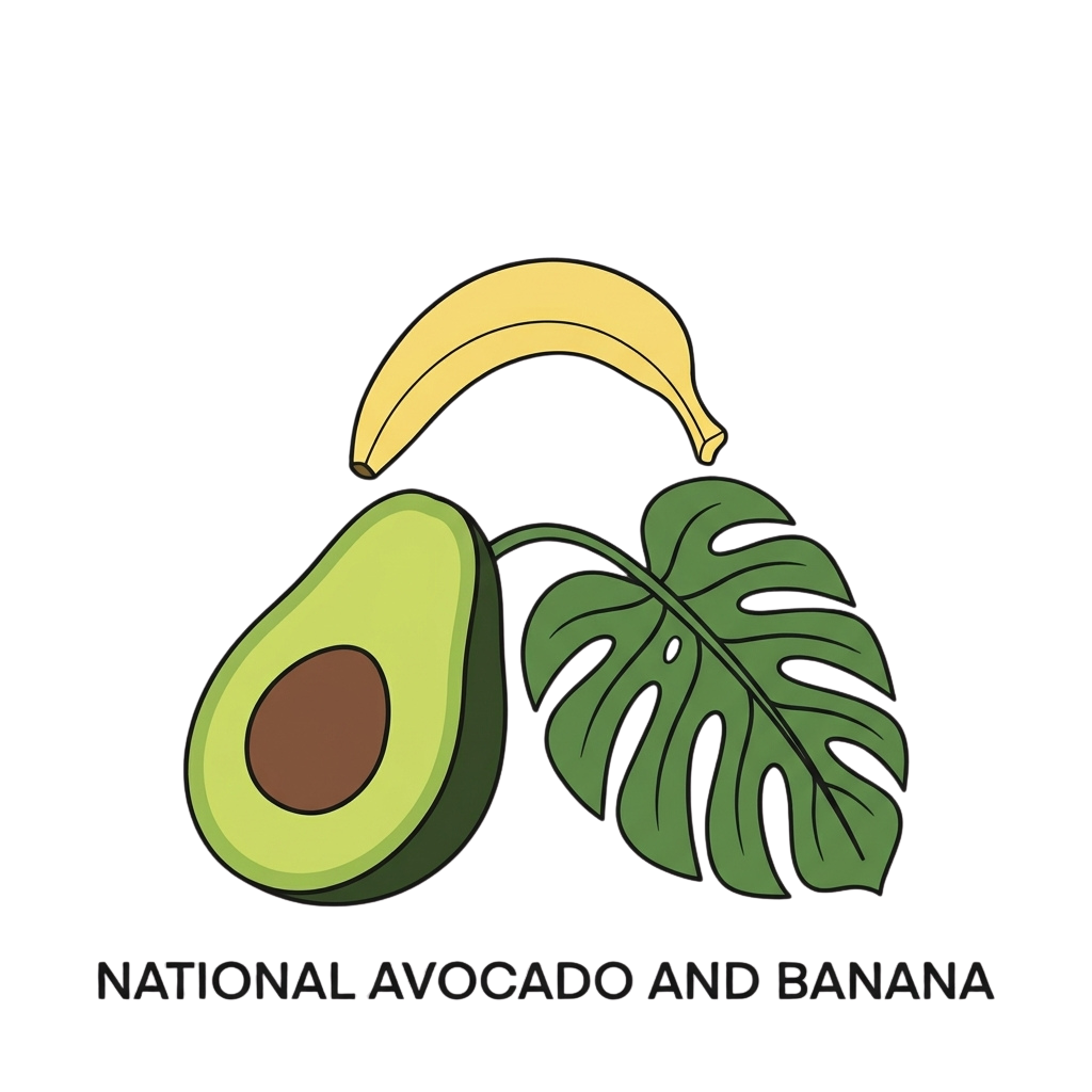 Illustration of a sliced avocado, whole banana, and leaf on a black background