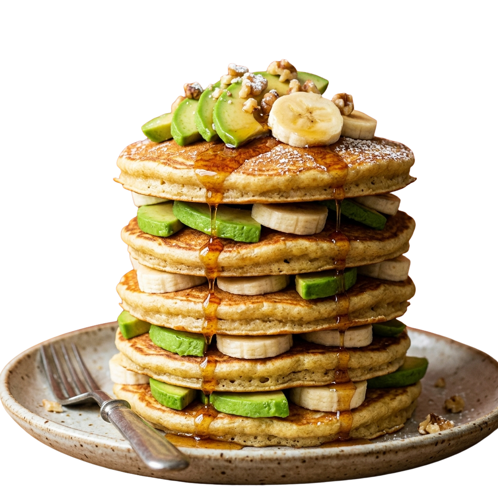 A tall stack of golden-brown pancakes topped with sliced banana, avocado, and chopped nuts on a plate with syrup drizzled over them