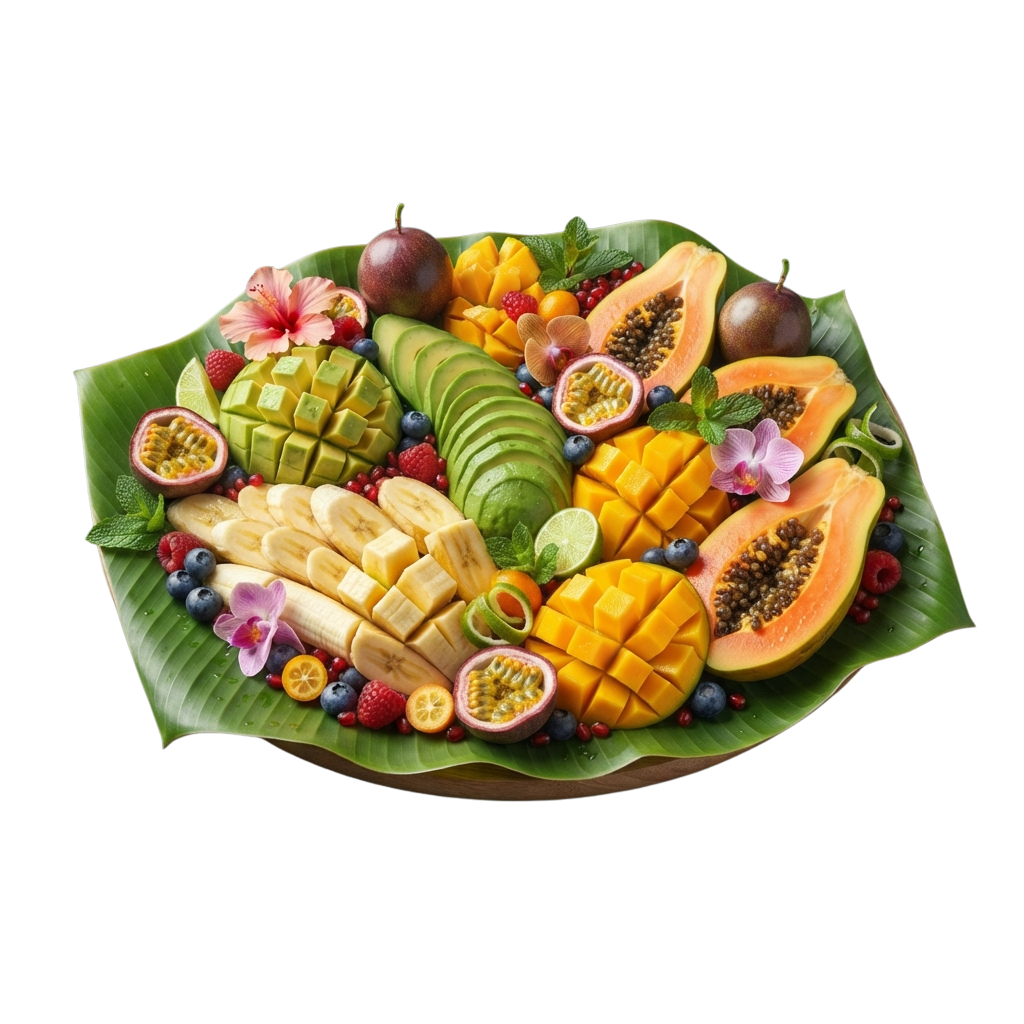 Colorful tropical fruit platter arranged on a banana leaf with sliced mango, papaya, passion fruit, and berries