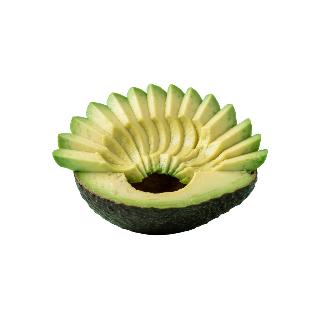 A halved avocado with its creamy green flesh sliced into fan-like sections.