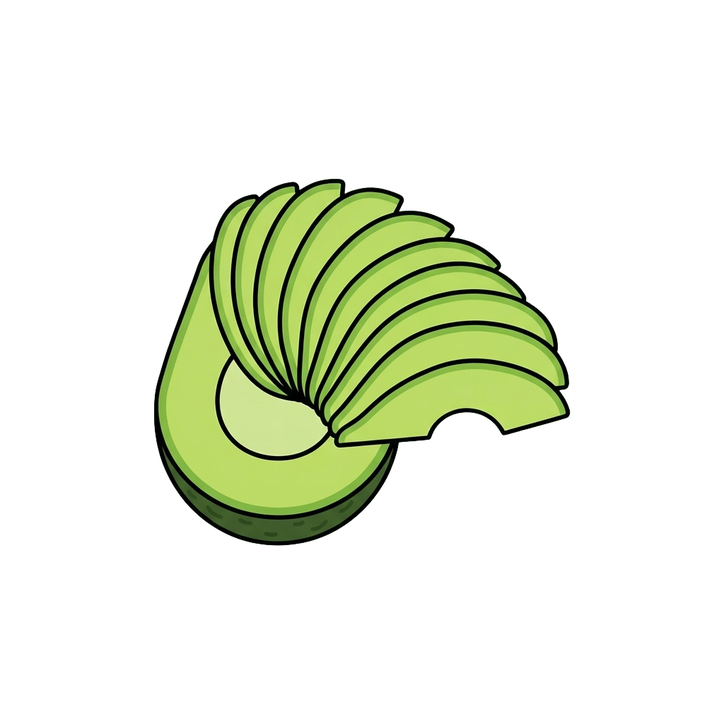 Illustration of a peeled green banana split into several curved slices, shown in a stylized manner.