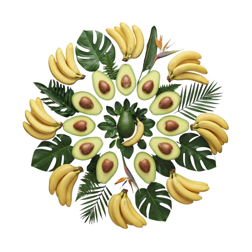 A circular arrangement of sliced avocados, bananas, green leaves, and a bird of paradise flower on black background