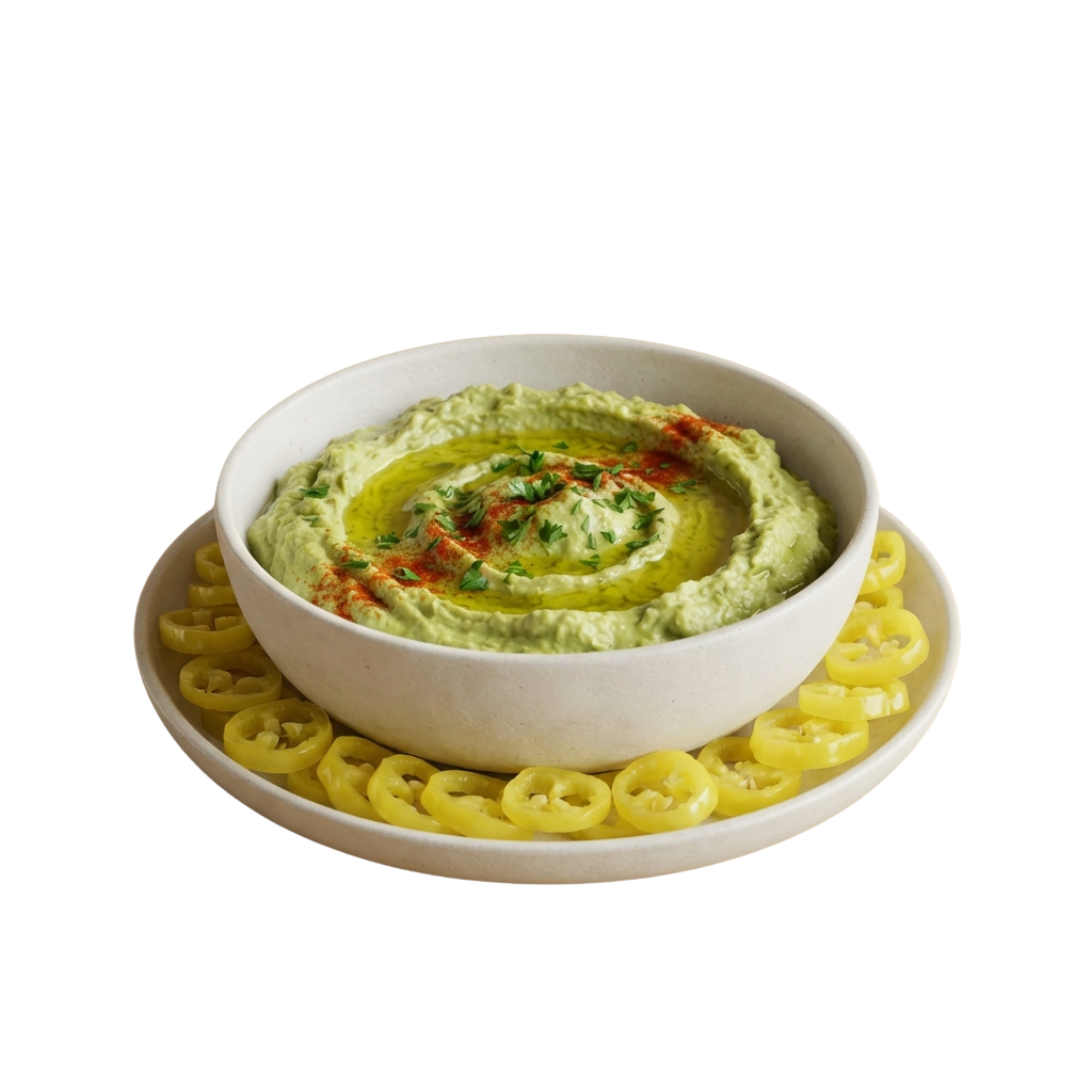 A bowl of green avocado dip surrounded by sliced yellow bell peppers on a plate.