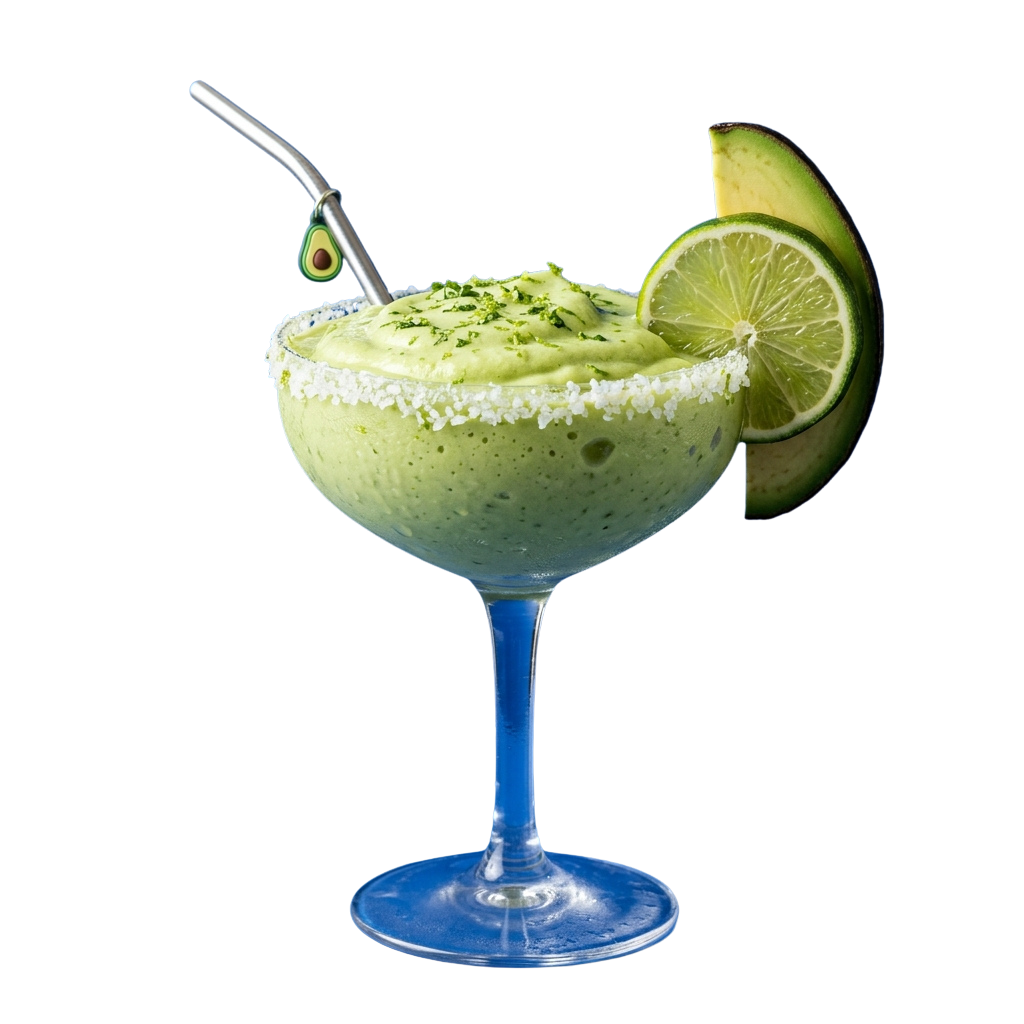 A frosty margarita in a blue glass with avocado, lime garnish, and salt rim on a black background