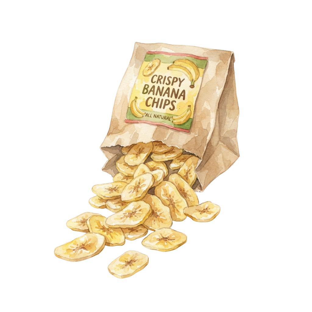 A paper bag spilling out crispy banana chips with a label reading Crispy Banana Chips All Natural