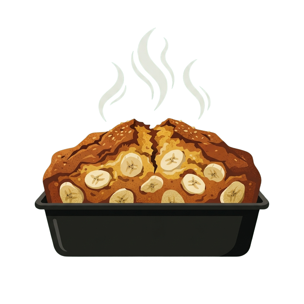 A freshly baked banana bread loaf with visible banana slices inside, emitting steam.