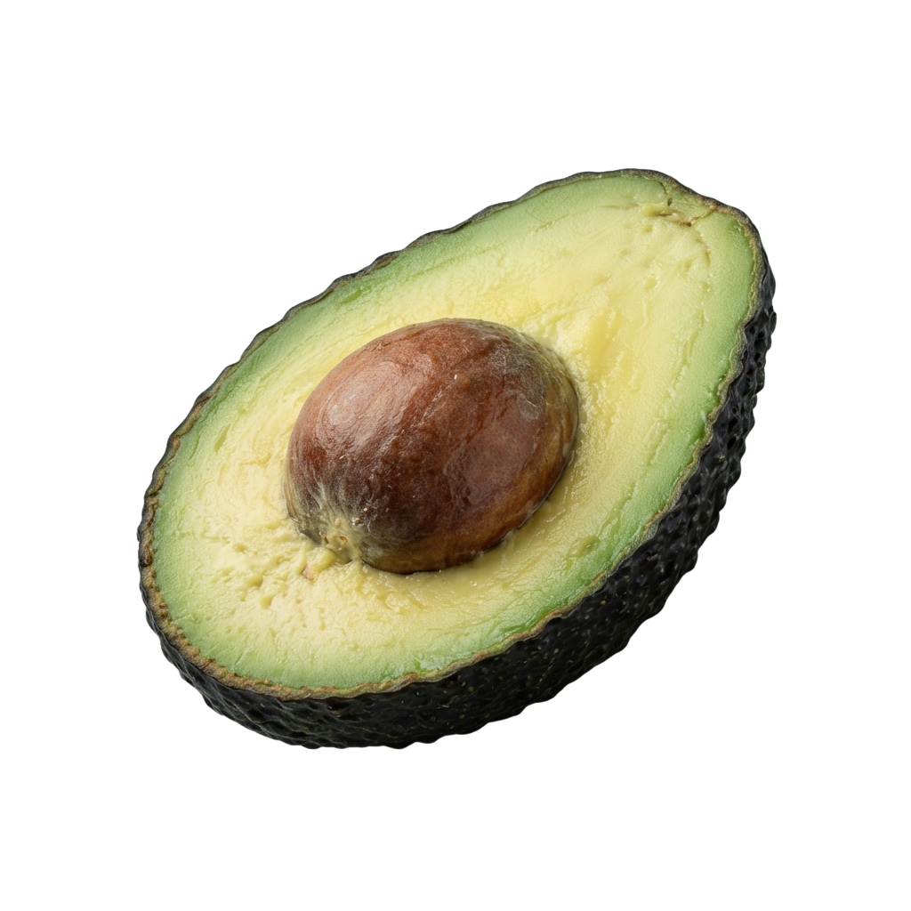 A halved avocado displaying its large brown seed and creamy green interior