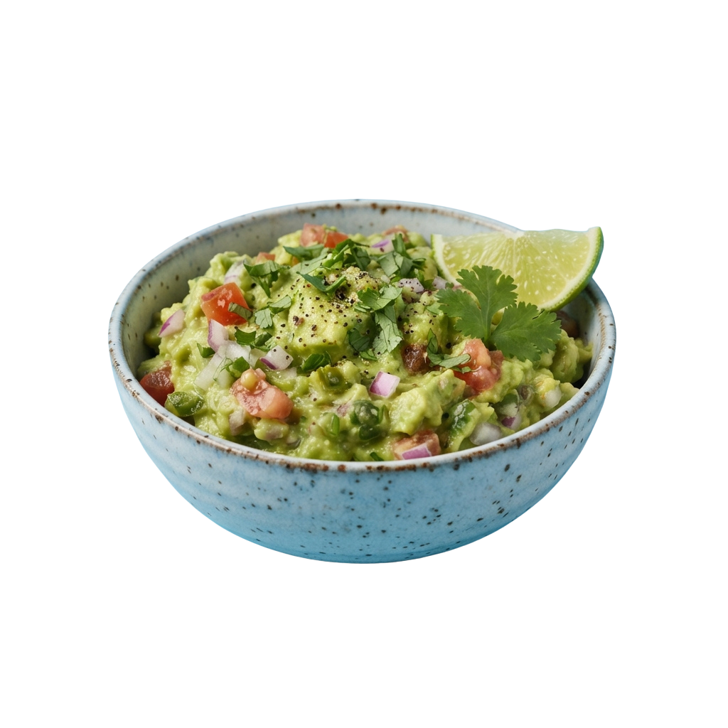 Bowl of green guacamole dip topped with lime, cilantro, diced tomatoes, and red onions