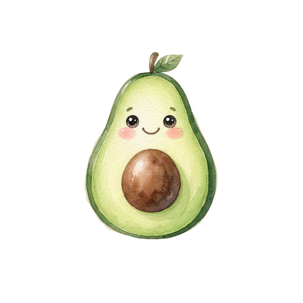 A smiling cartoon avocado with a pit as its face, green skin, and a small leaf on top