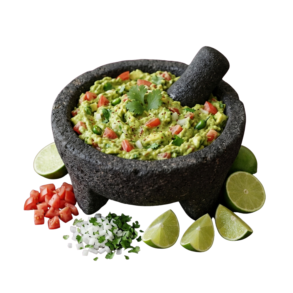 A molcajete filled with guacamole surrounded by diced tomatoes, chopped onions, cilantro, and lime wedges