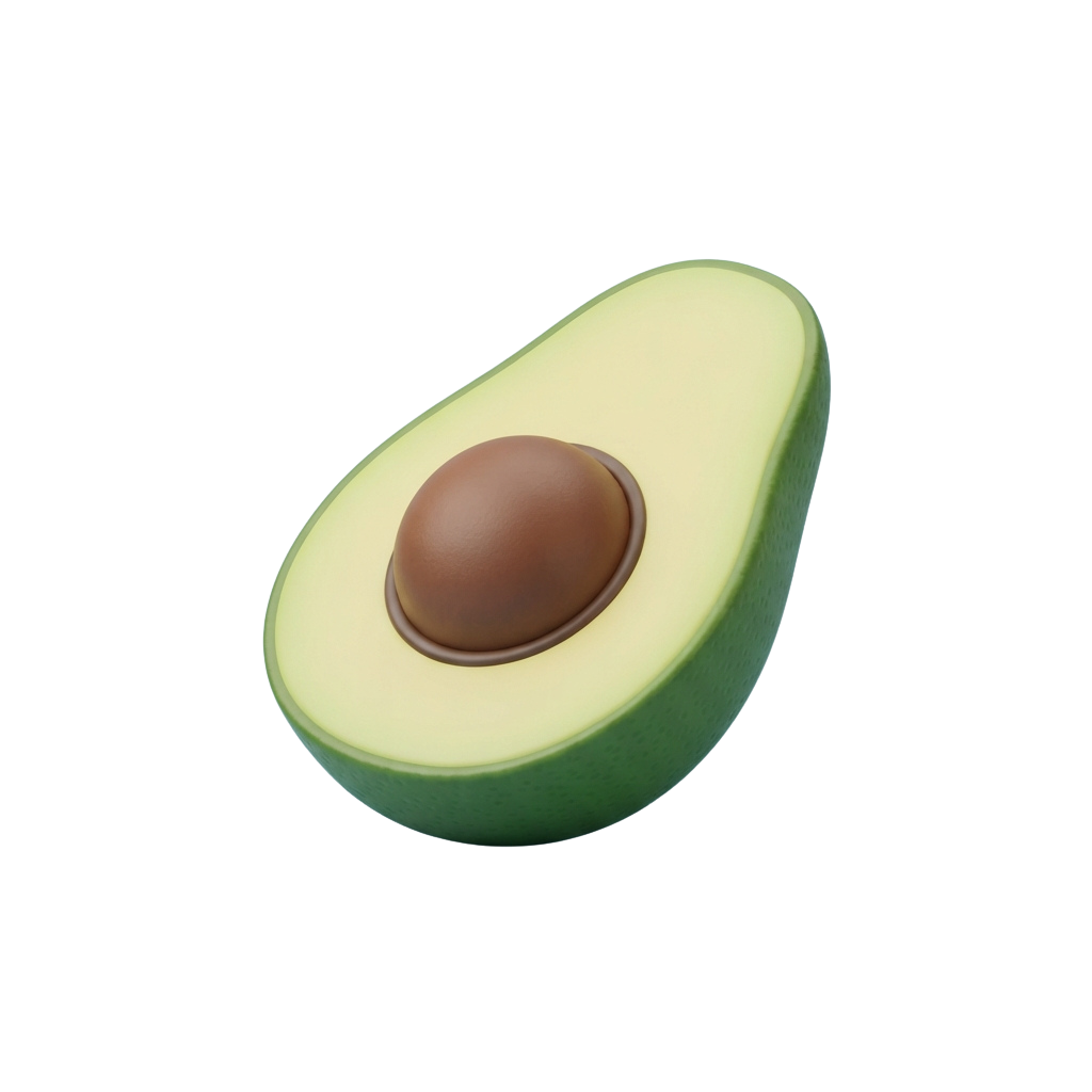 A single avocado cut in half revealing its large pit and green creamy interior