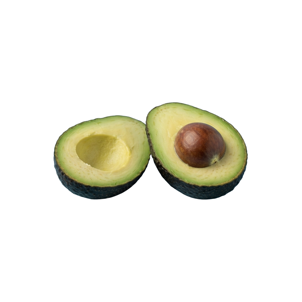 Two halves of an avocado with visible seed and creamy green flesh