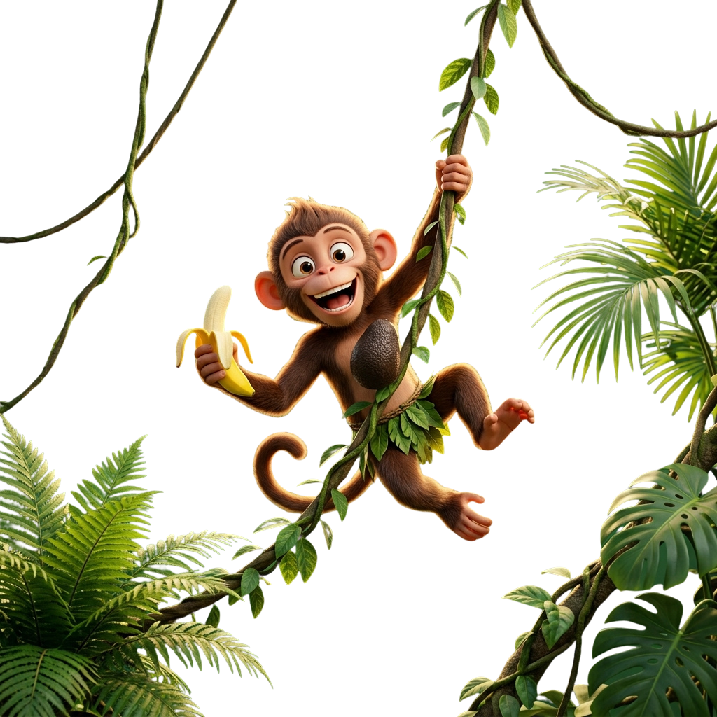 A cheerful cartoon monkey hanging from a vine and holding a banana in a lush green jungle environment