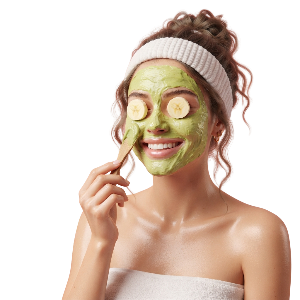 Woman smiling with green face mask and cucumber slices on eyes, wearing a white headband