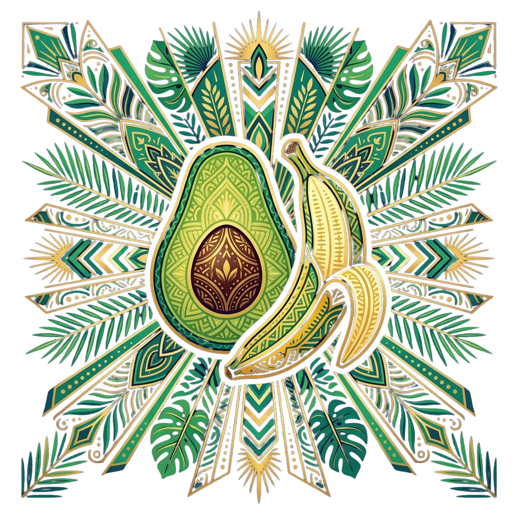 Illustrated avocado and banana with intricate tropical leaf patterns radiating outward in gold and teal colors