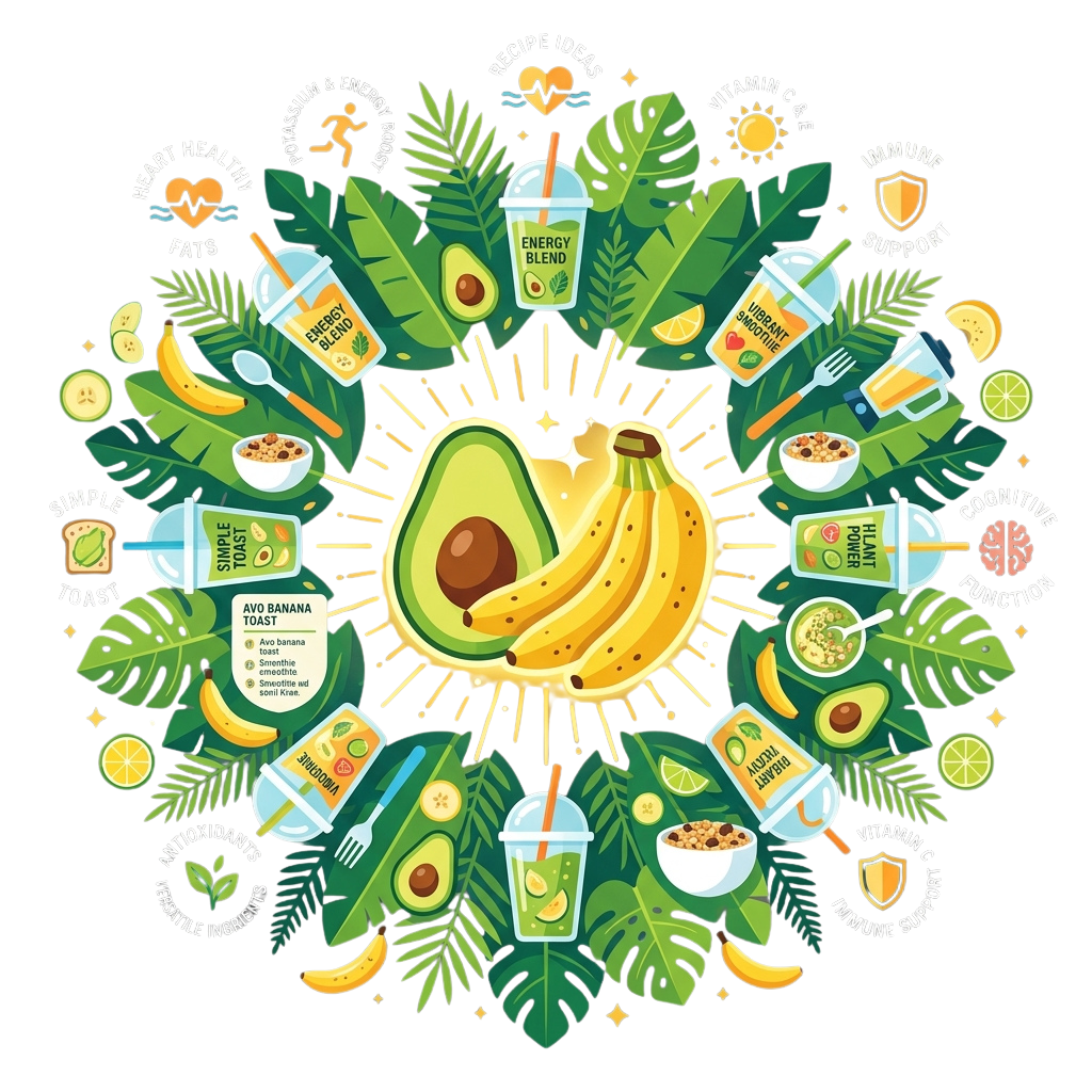 Colorful infographic showing avocado and banana smoothie recipes with health benefits and preparation tips