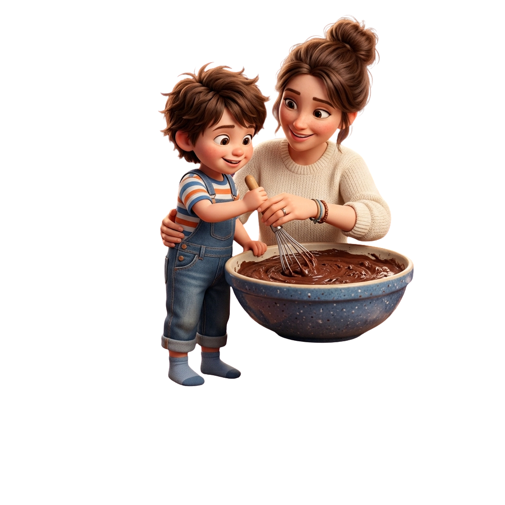 A smiling child and woman mixing ingredients in a bowl with a whisk