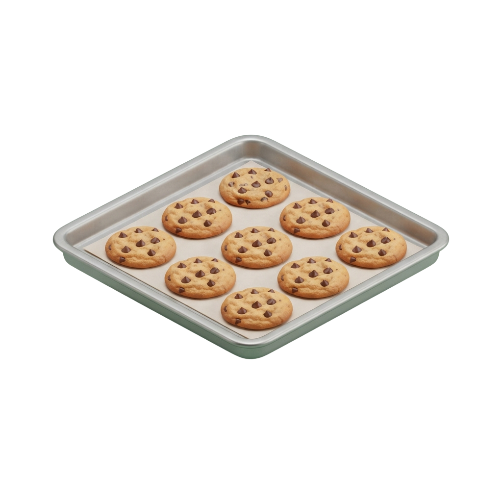 Eight chocolate chip cookies arranged neatly on a white baking tray