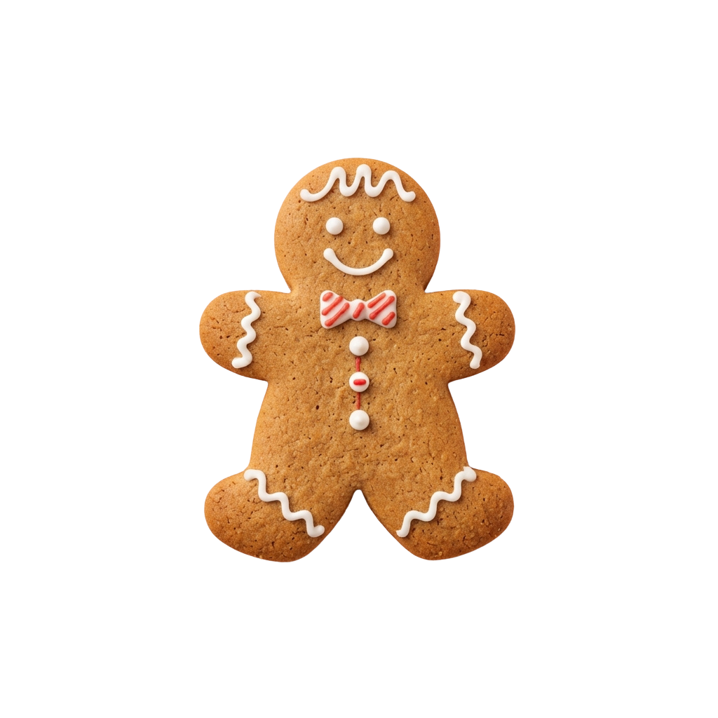 A gingerbread man cookie decorated with white icing lines, a candy bow tie, and candy buttons