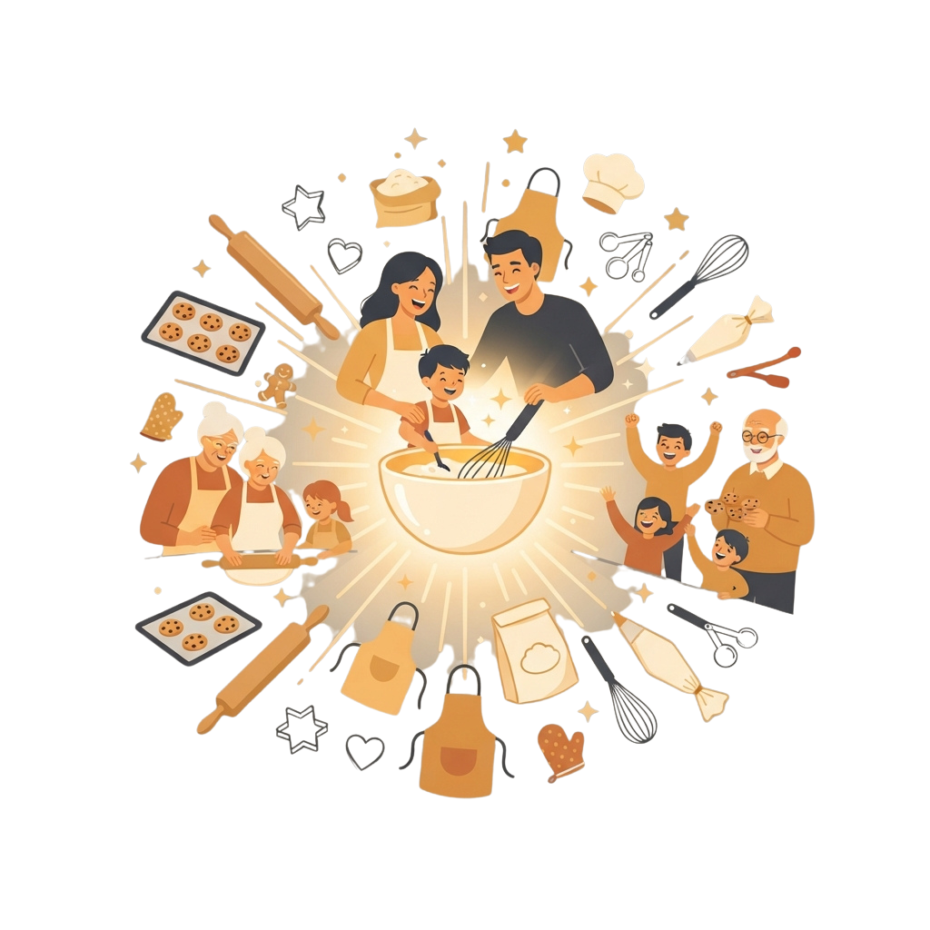 Illustration of a diverse family cooking and baking together in a warm, glowing kitchen setting