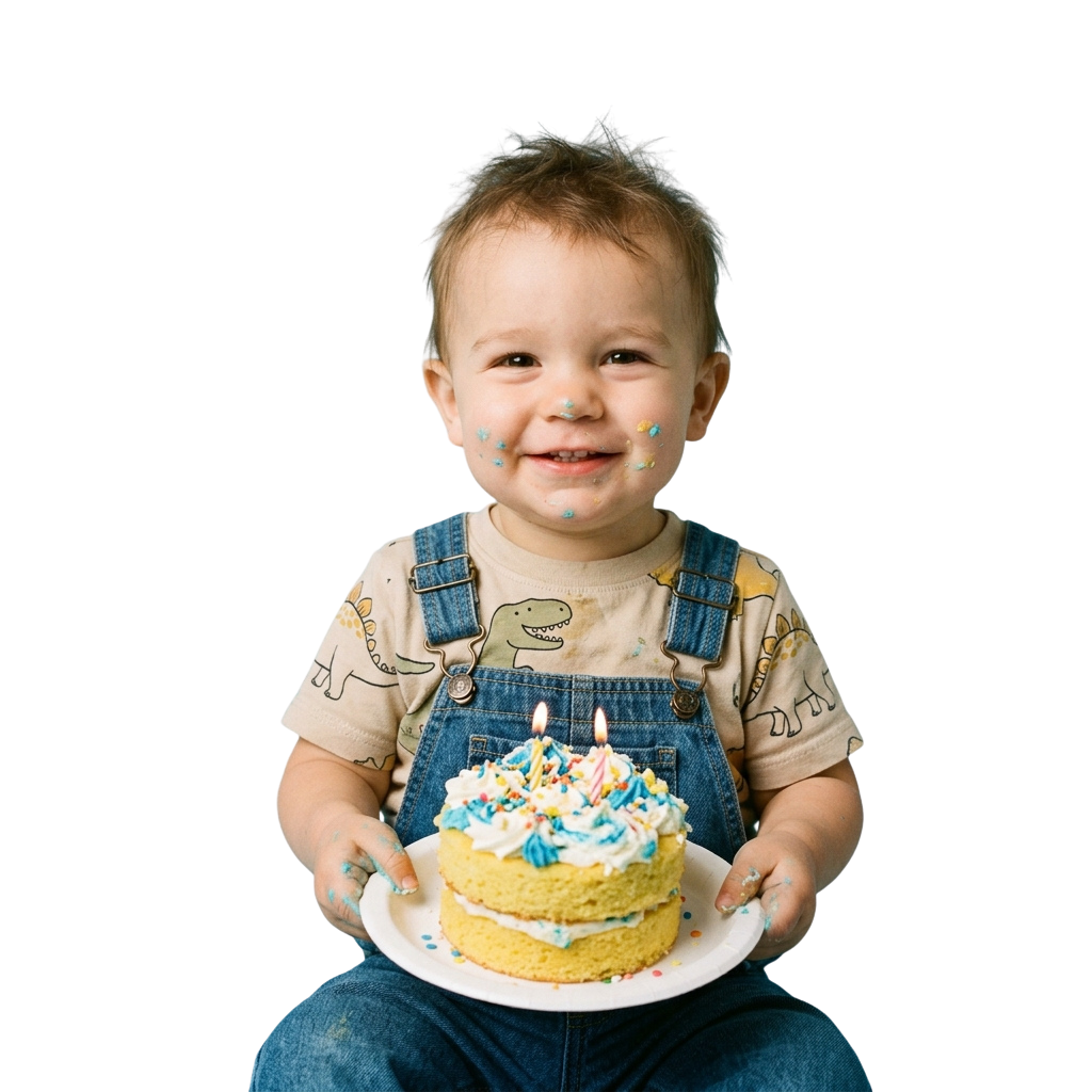 Smiling toddler with cake frosting on face holding a cake with lit candles on a plate