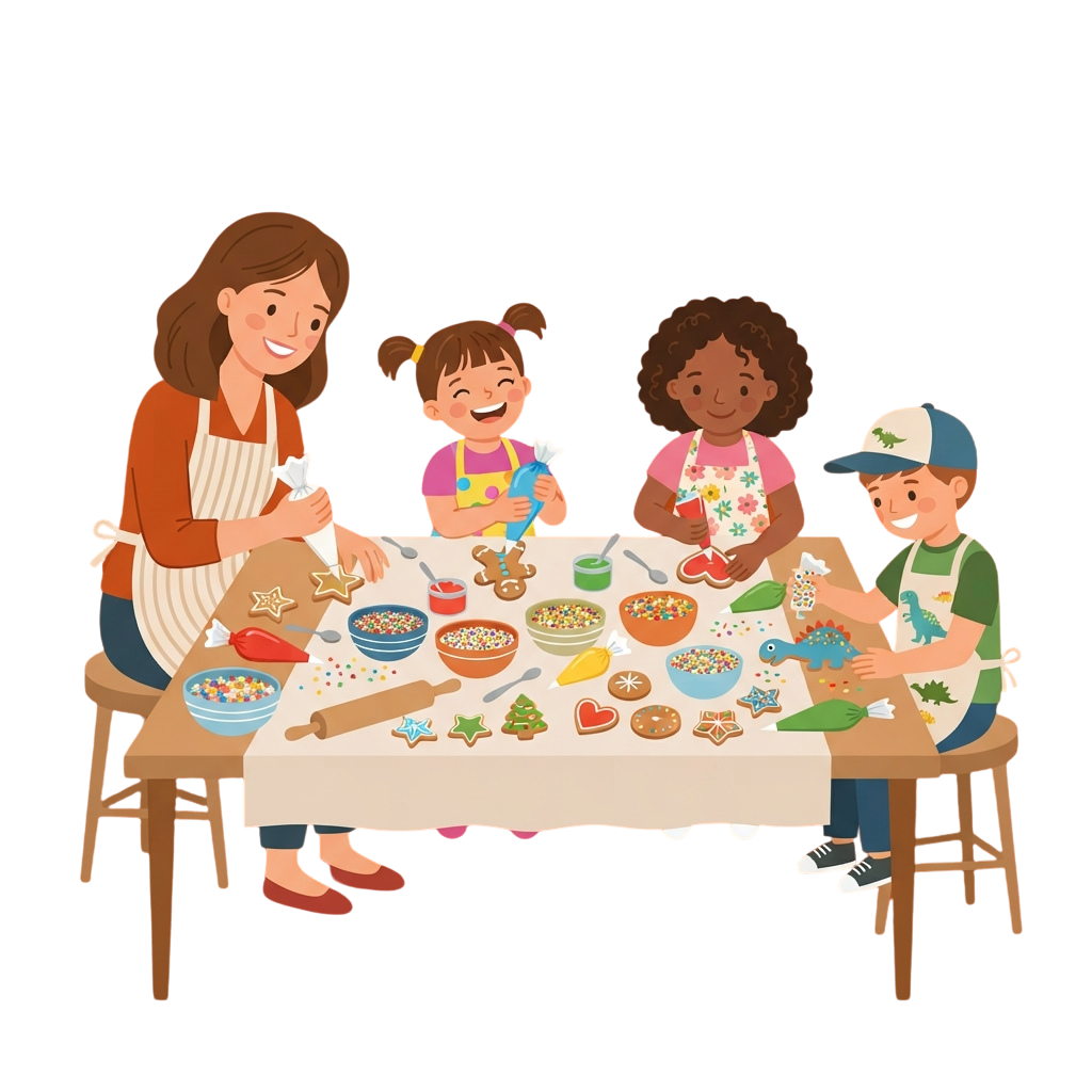Adult and three children decorating sugar cookies at a table with sprinkles and icing.