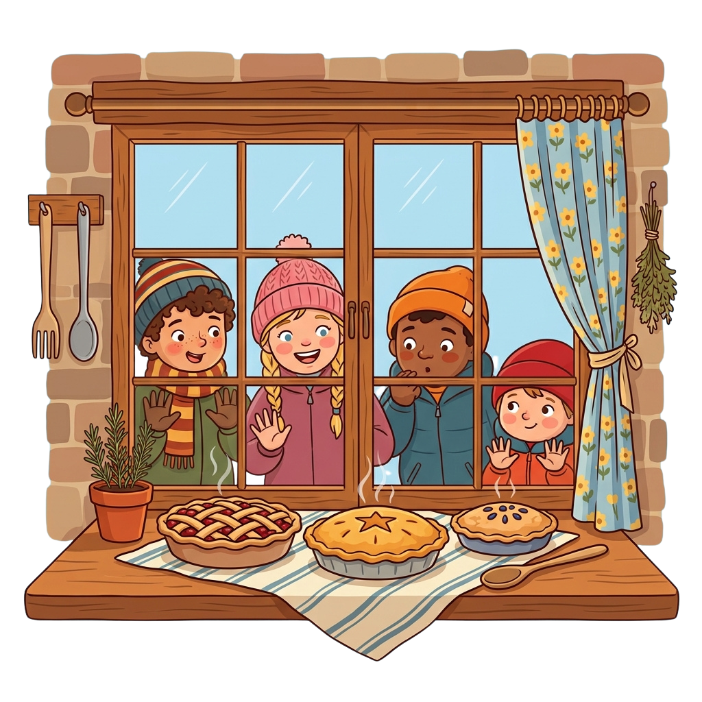 Four children in winter hats smiling and waving from a window sill with three pies on a table below