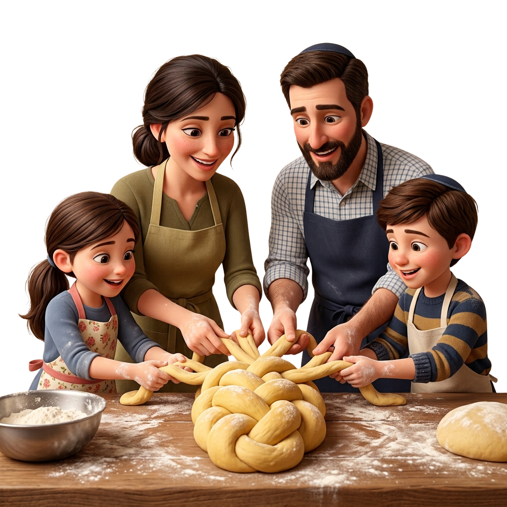 Four people shaping golden yellow dough into braided challah on a floured surface
