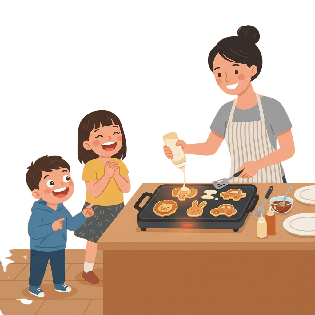 A woman and two children making heart-shaped and animal-shaped pancakes on a griddle in a kitchen.