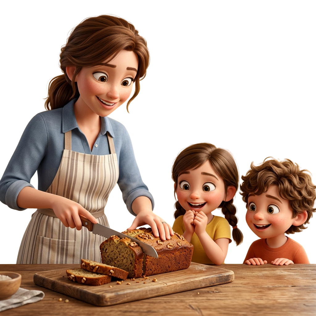 A woman and two children smiling while cutting a loaf of bread on a wooden cutting board
