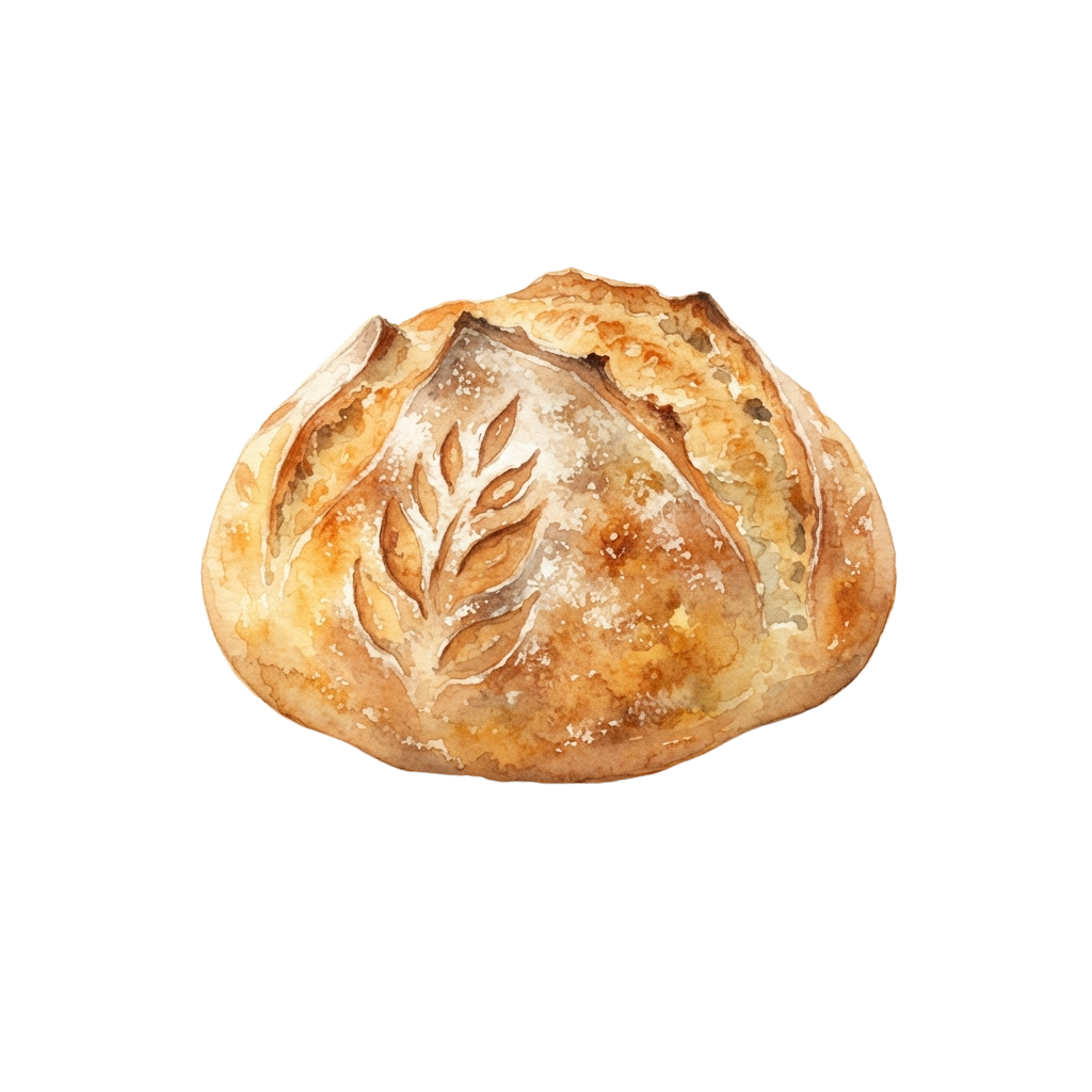 Golden-brown sourdough bread loaf with a decorative wheat pattern cut into the top crust