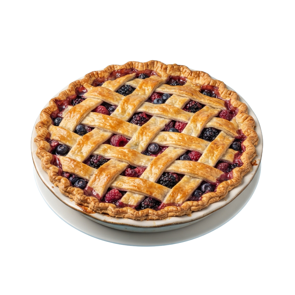 A baked blueberry and blackberry pie with a golden lattice crust on a white plate.