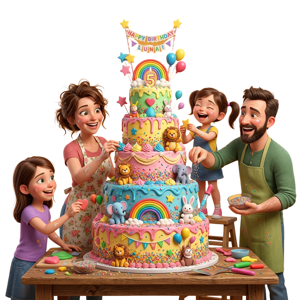 A colorful birthday cake with rainbow and animal decorations surrounded by a joyful cartoon family.