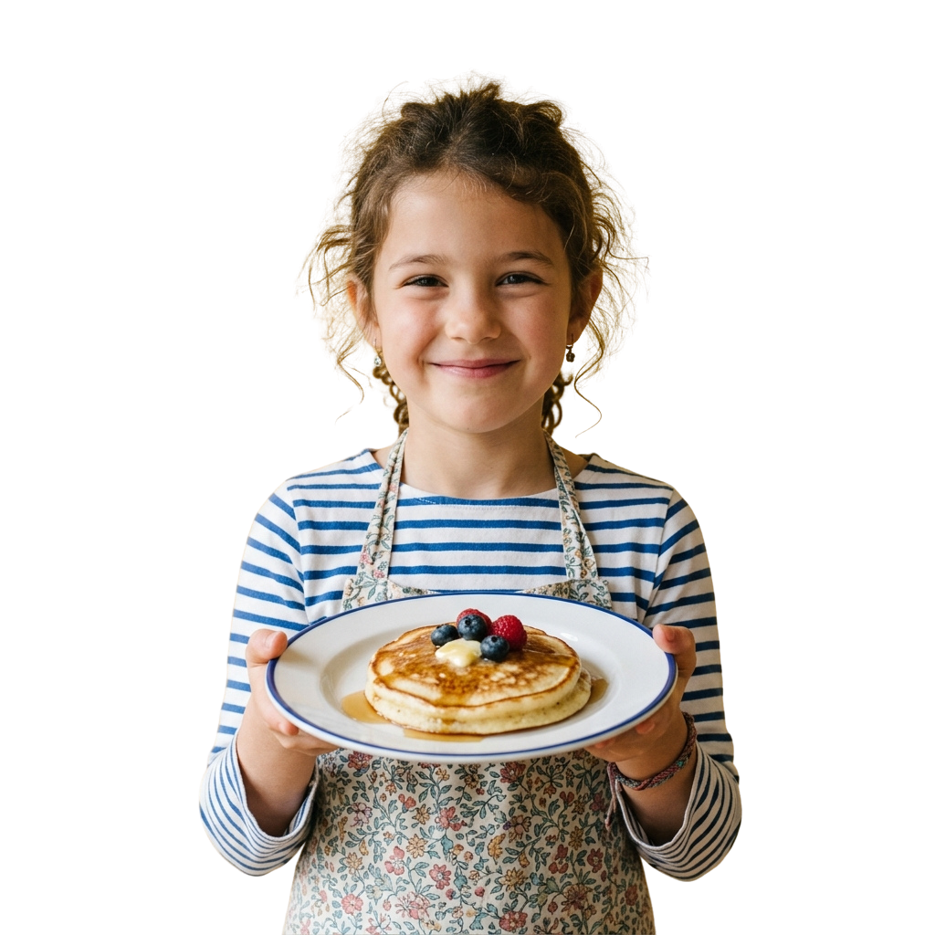 Smiling child wearing a striped shirt and apron holding a plate of pancakes topped with berries and cream