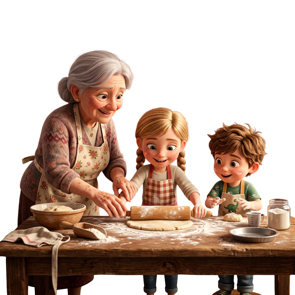 An elderly woman and two children rolling out dough together at a wooden table in a kitchen.