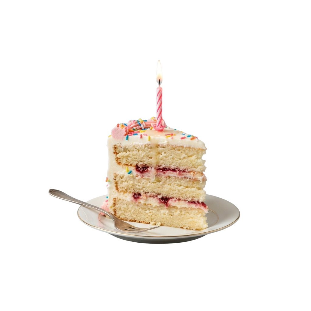 A slice of layered vanilla cake with pink frosting and sprinkles, a lit candle, and a spoon on a white plate.