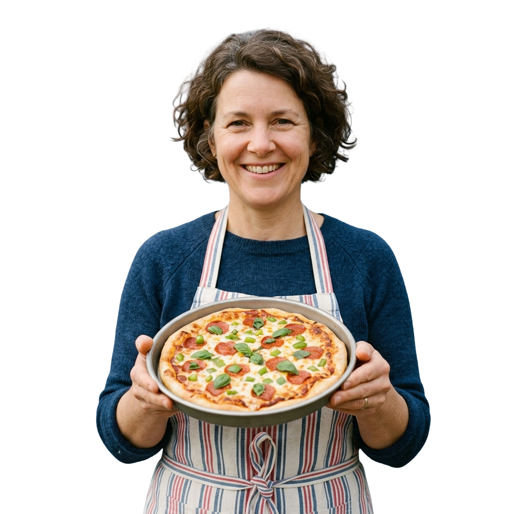 Smiling woman wearing an apron holds a freshly made pizza with tomato sauce, cheese, basil, and pepperoni toppings.