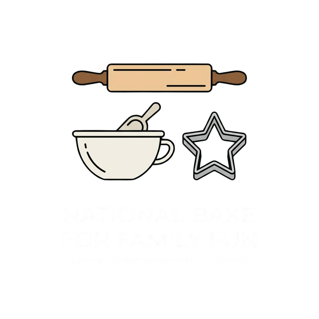 Illustration of a rolling pin, mixing bowl with spoon, and star cookie cutter with text National Bake for Family Fun